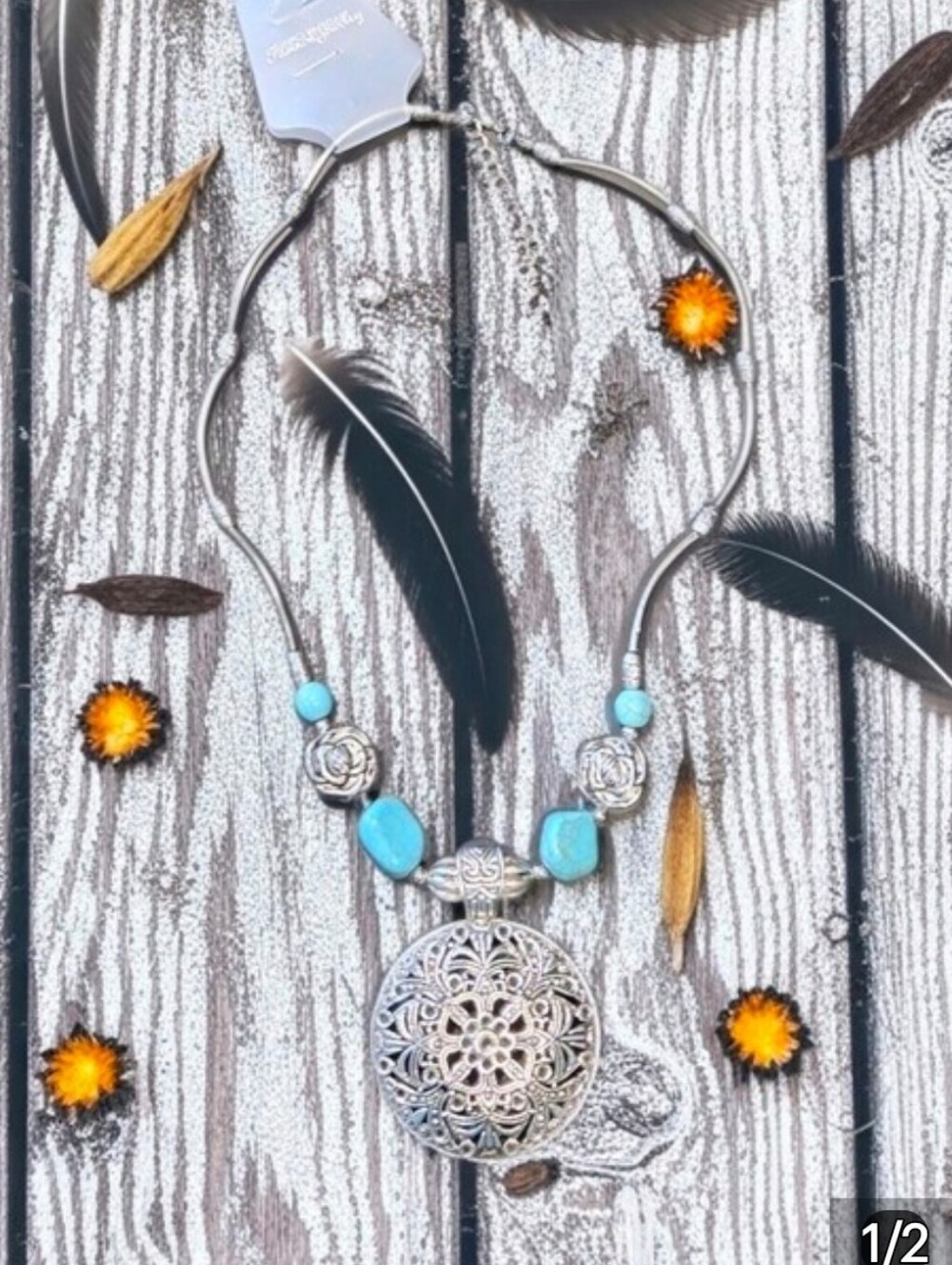 NWT! - Boho Silver Filigree Pendant Necklace with Turquoise Beads